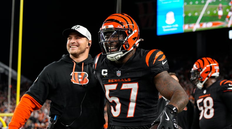Cincinnati Bengals linebacker Germaine Pratt (57) celebrates after a interception against the Denver Broncos during the second half of an NFL football game in Cincinnati, Saturday, Dec. 28, 2024. (AP Photo/Jeff Dean)
