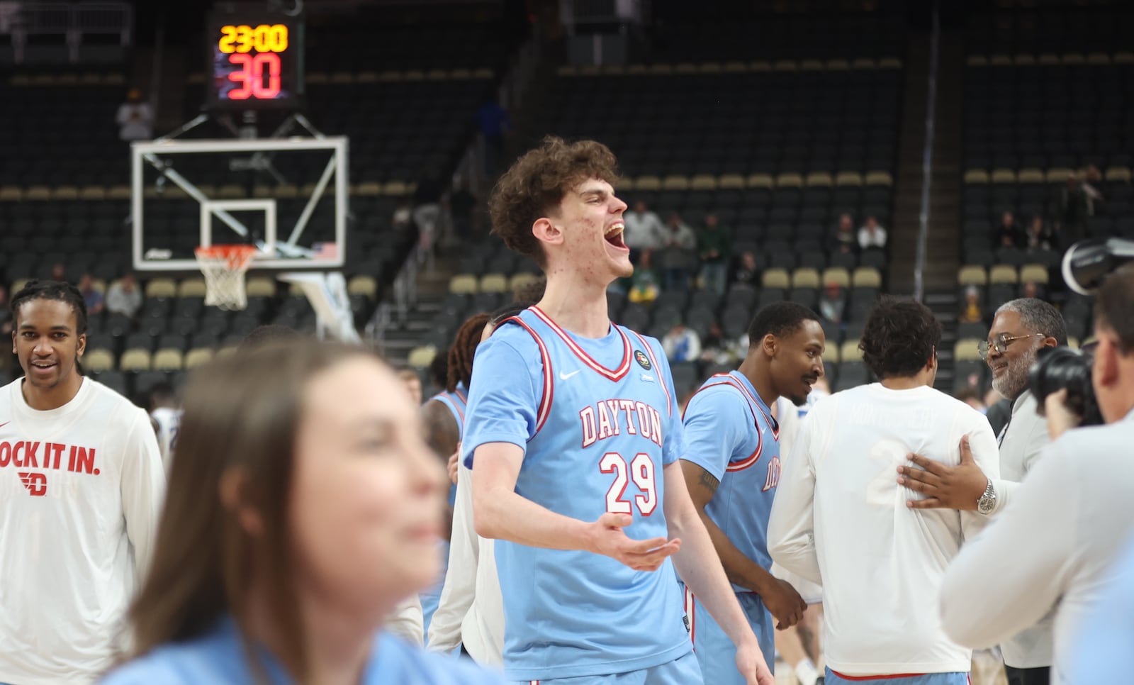 Dayton's Amaël L'Etang leaves the court after a victory against Saint Louis in the semifinals of the Atlantic 10 Conference tournament on Saturday, March 14, 2026, at PPG Paints Arena in Pittsburgh. David Jablonski/Staff