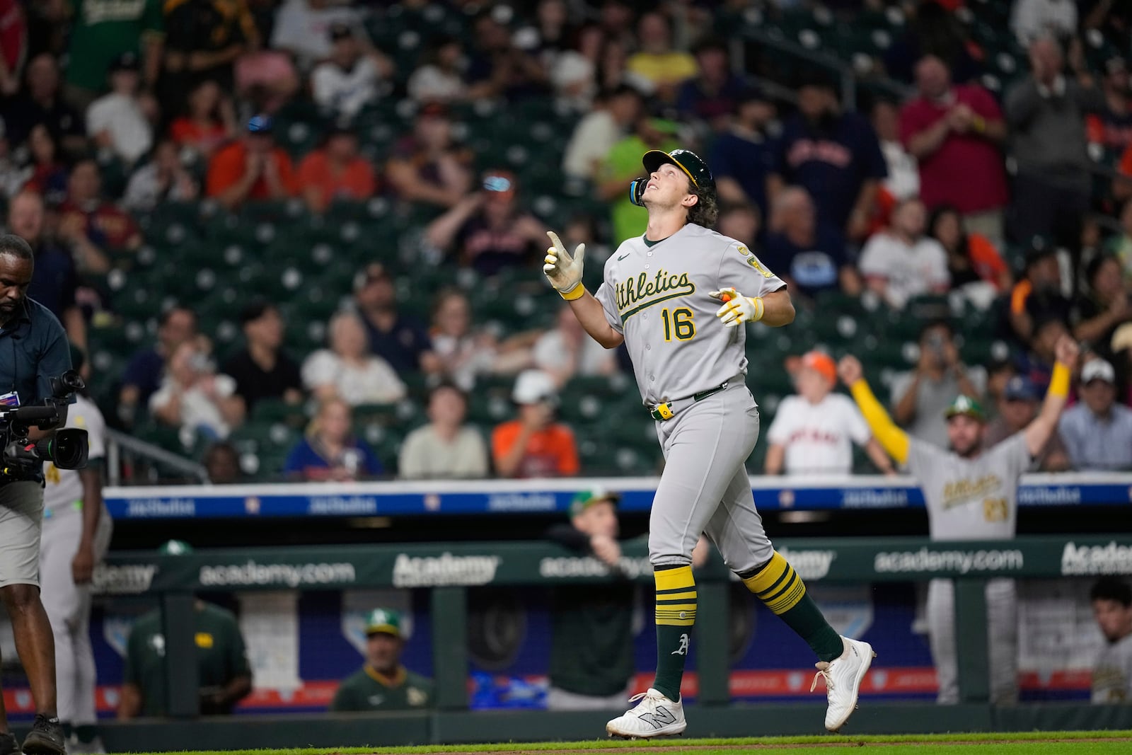 Athletics' Nick Kurtz celebrates after hitting a three-run home against the Houston Astros during the ninth inning of a baseball game Friday, July 25, 2025, in Houston. (AP Photo/David J. Phillip)