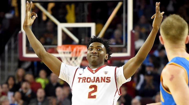 LOS ANGELES, CA - JANUARY 25: Jonah Mathews #2 of the USC Trojans celebrates after a three-point basket during the game against the UCLA Bruins at Galen Center on January 25, 2017 in Los Angeles, California. Trojans won 84-76. (Photo by Jayne Kamin-Oncea/Getty Images)