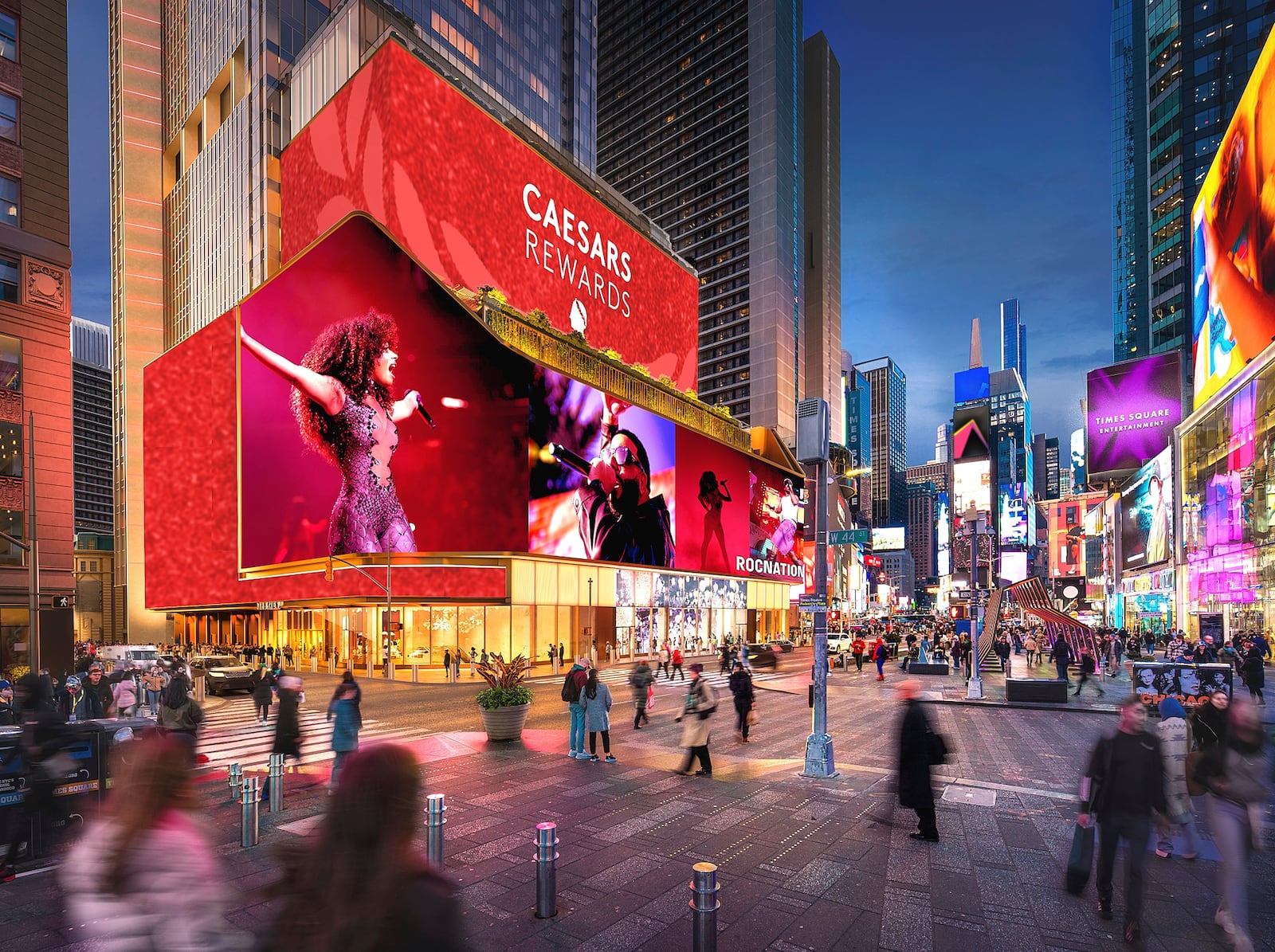 This image rendering from by Binyan Studios shows the proposed Caesar's casino plan for New York's Times Square that includes renovating a skyscraper that currently houses the Minskoff Theatre, home of "The Lion King." (Binyan Studios via AP)