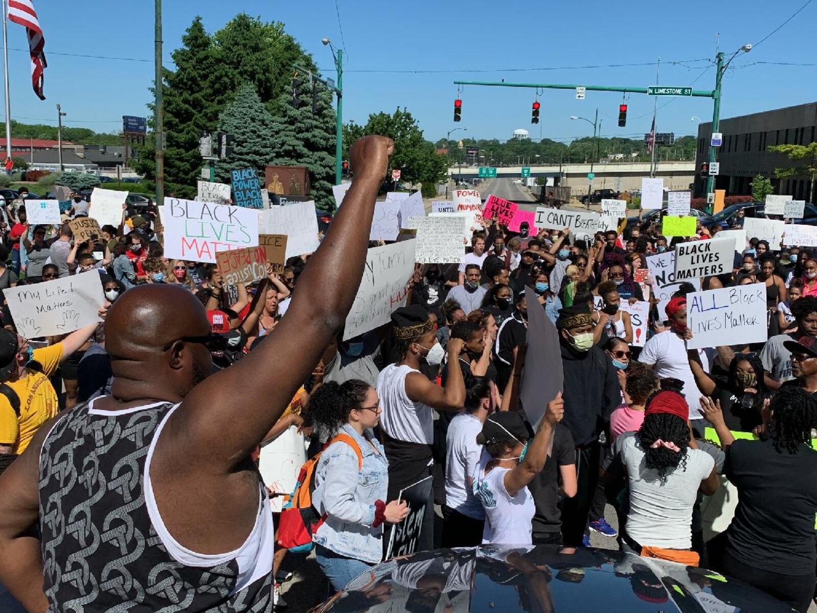 A large crowd marched through Springfield on Sunday, May 31, 2020, at one point blocking the intersection of Columbia and Limestone. BILL LACKEY / STAFF