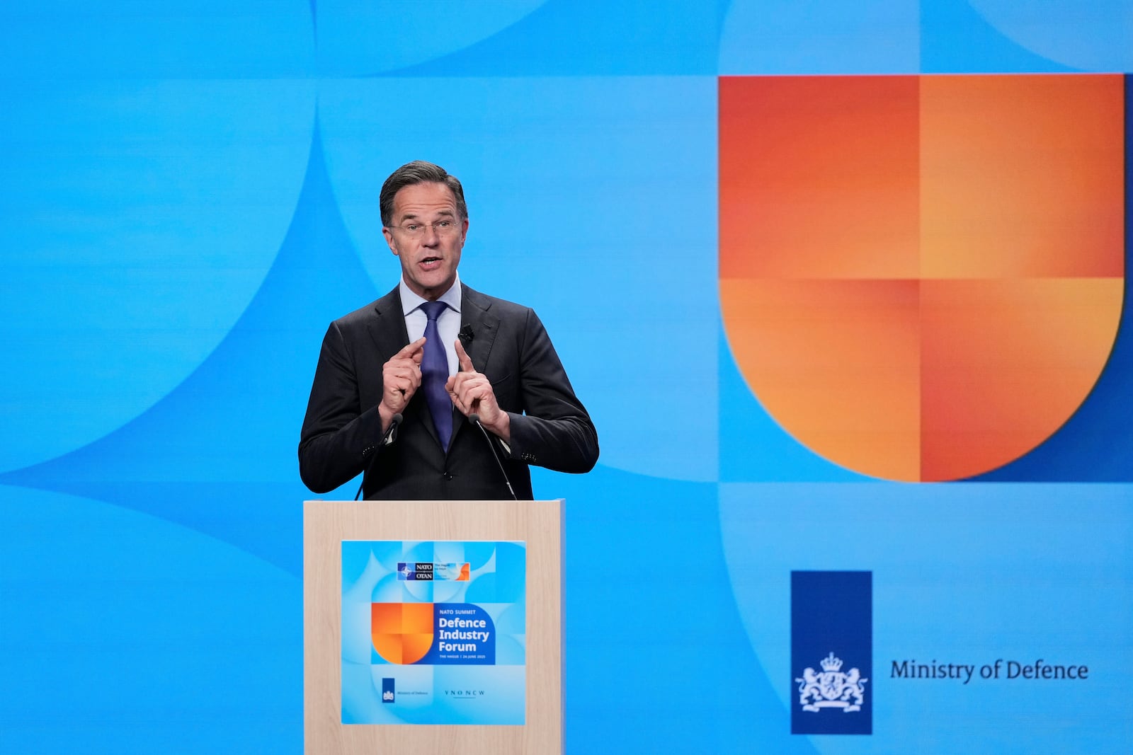 NATO Secretary General Mark Rutte addresses the audience during the NATO defense forum on the sidelines of the NATO summit in The Hague, Netherlands, Tuesday, June 24, 2025. (AP Photo/Matthias Schrader)
