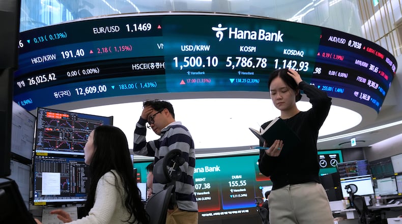Currency traders work near a screen showing the Korea Composite Stock Price Index (KOSPI), top center, and the foreign exchange rate between U.S. dollar and South Korean won, top center left, at the foreign exchange dealing room of the Hana Bank headquarters in Seoul, South Korea, Thursday, March 19, 2026. (AP Photo/Ahn Young-joon)