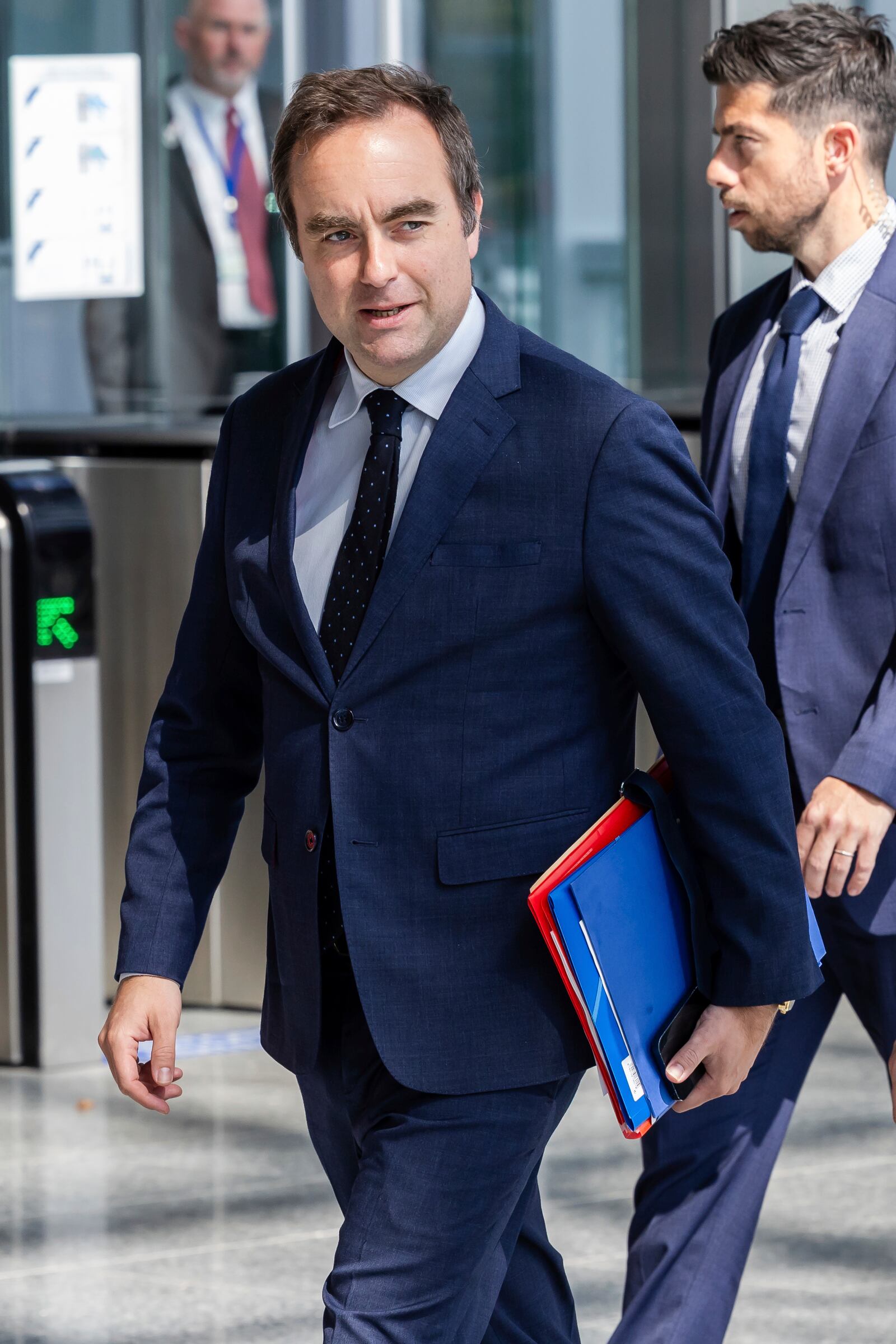French Defense Minister Sebastien Lecornu arrives for a coalition of the willing defence ministers meeting at NATO headquarters in Brussels, Belgium, Thursday, April 10, 2025. (AP Photo/Geert Vanden Wijngaert)