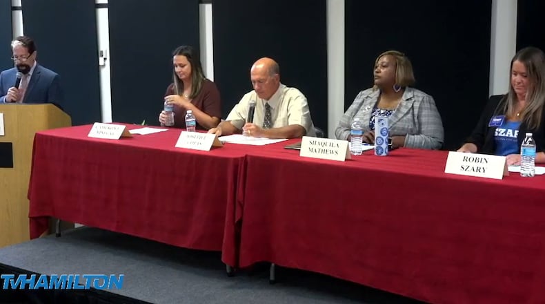 Candidates for the Hamilton School Board addressed questions on Monday, Oct. 2, 2023, at a forum hosted by the Greater Hamilton Chamber of Commerce in partnership with TVHamilton and Miami Downtown Hamilton. PROVIDED