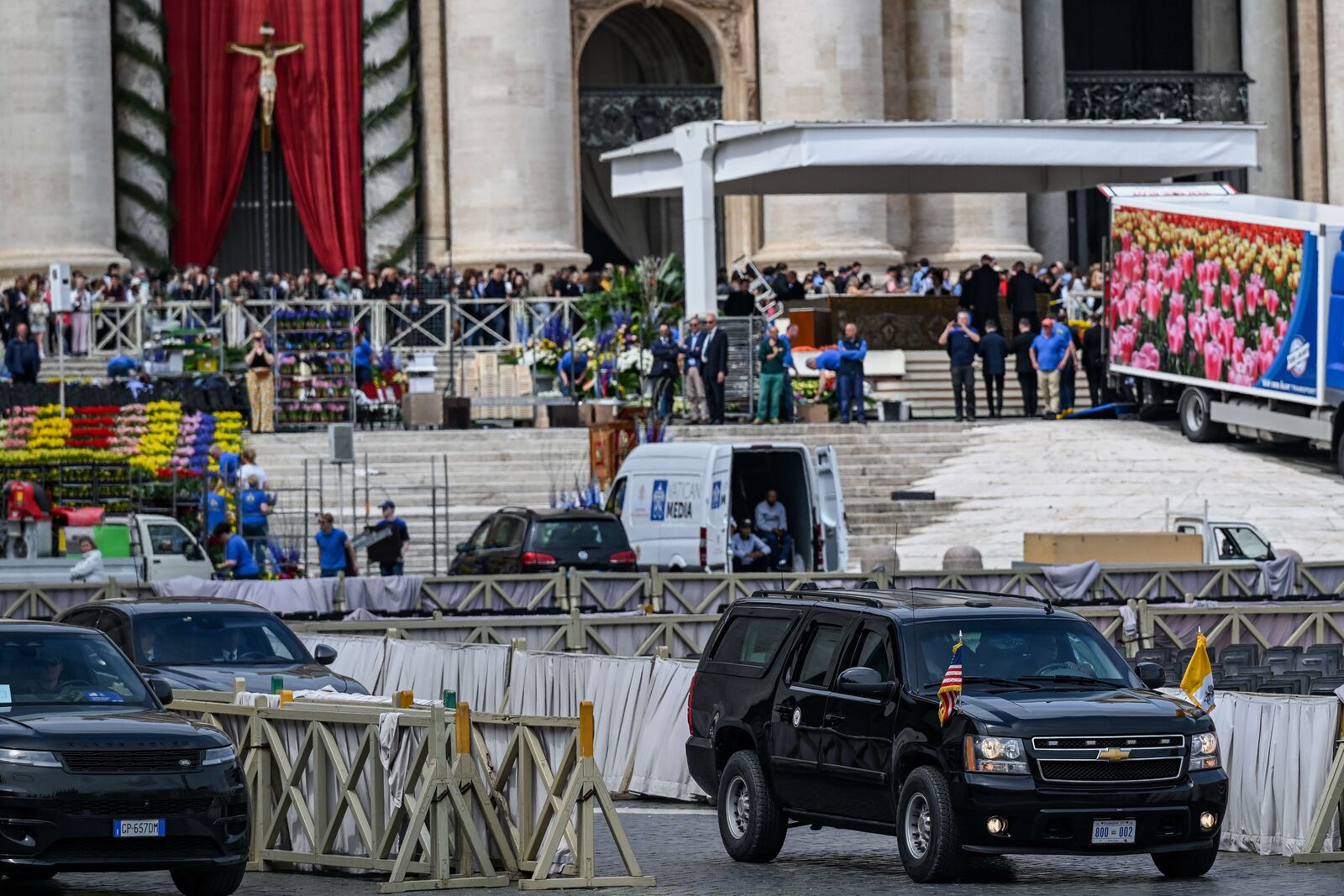The motorcade of U.S. Vice President JD Vance departs the Vatican after Vance met with Cardinal Pietro Parolin and Archbishop Paul Gallagher, Saturday, April 19, 2025. (Kenny Holston/Pool Photo via AP)