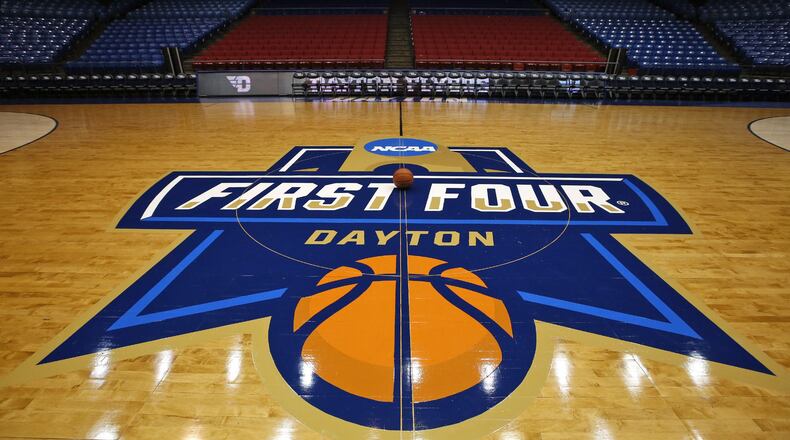 The floor, backbooards and hoops are ready for the NCAA First Four games a UD Arena. Team practices start on Monday for the first game on Tuesday at 6:30. TY GREENLEES / STAFF