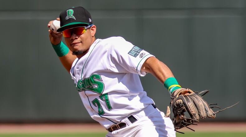 Dayton Dragons second baseman Randy Ventura throws the ball to first base during their game against the West Michigan Whitecaps on Monday afternoon at Fifth Third Field. CONTRIBUTED PHOTO BY MICHAEL COOPER