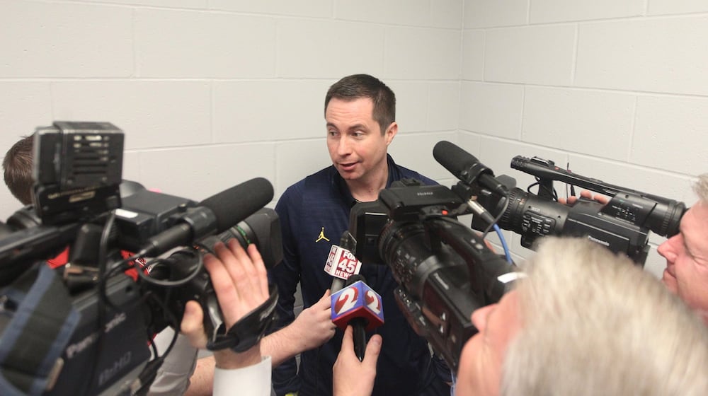 Michigan assistant coach Billy Donlon talks to reporters on Thursday, March 16, 2017, at Bankers Life Fieldhouse in Indianapolis. David Jablonski/Staff