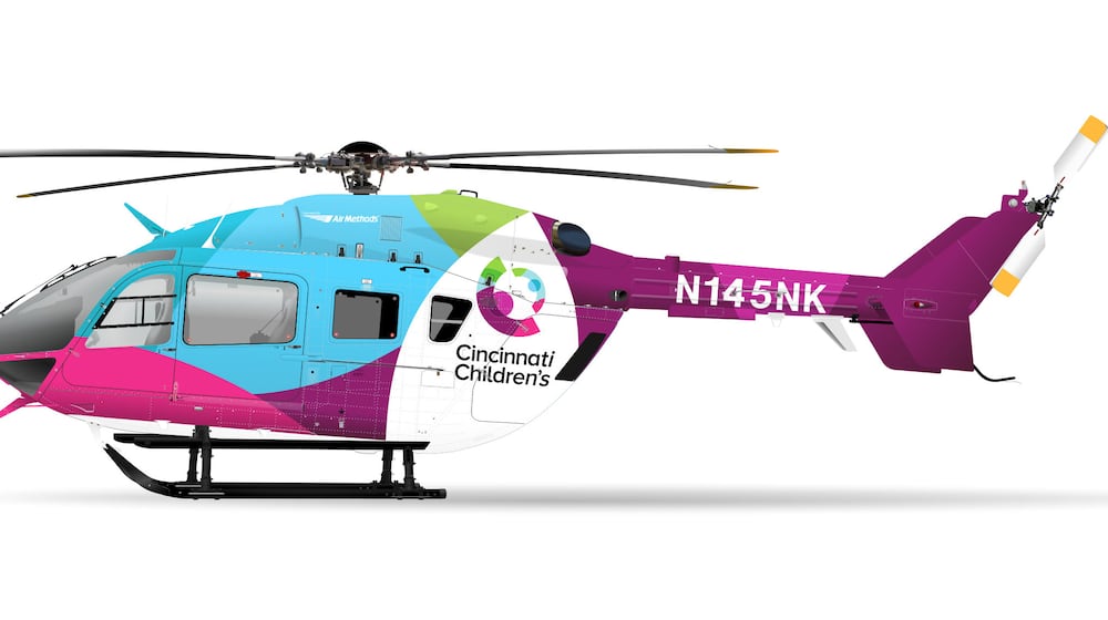 A digital rendering of Cincinnati Children's helicopter for its new helicopter medical transport service. The Airbus Helicopters model EC145, which includes night-vision capability, has a cruising speed of over 150 miles per hour and can travel roundtrip up to 300 miles without refueling. CONTRIBUTED
