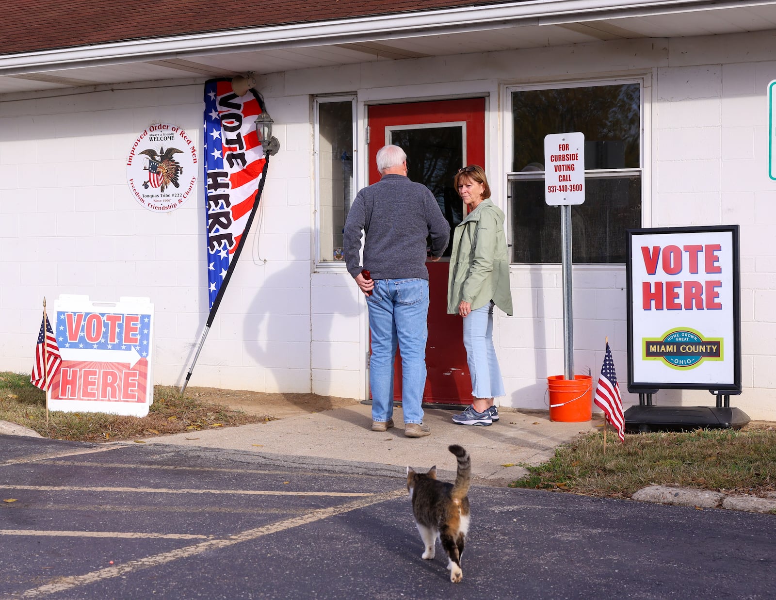 Voters headed to the polls across the area on Tuesday, Nov. 4, including at Redman's Picnic Grounds in Troy. A cat, who poll workers said lives nearby, was greeting voters who were entering the precinct. Poll workers said the cat has done the same on previous election days. BRYANT BILLING/STAFF