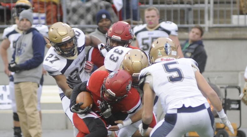 Trotwood receiver Dallas Daniels had four catches for 48 yards. Akron Archbishop Hoban defeated Trotwood-Madison 30-0 in the Division III high school football state championship at Ohio Stadium in Columbus on Saturday, Dec. 3, 2016. MARC PENDLETON / STAFF