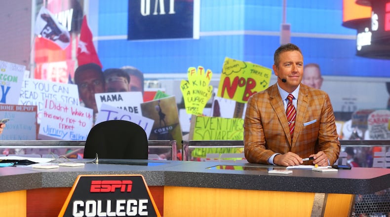 NEW YORK, NY - SEPTEMBER 23:  GameDay host Kirk Herbstreit is seen during ESPN's College GameDay show at Times Square on September 23, 2017 in New York City.  (Photo by Mike Stobe/Getty Images)