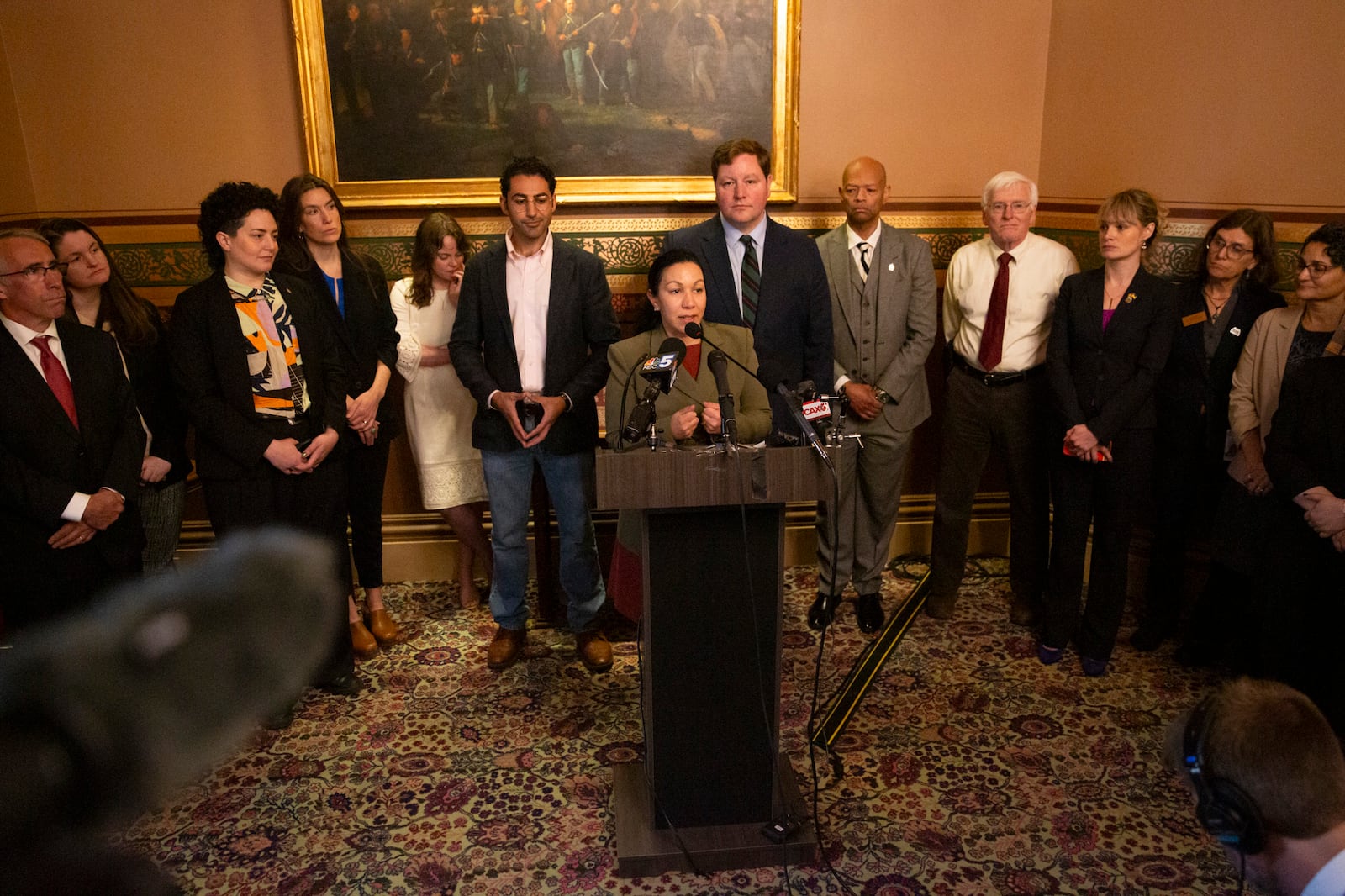 Vermont state Sen. Kesha Ram Hinsdale, D-Montpelier, center, speaks during a news conference announcing the launch of the Vermont Immigration Legal Defense Fund in the Cedar Creek Reception Room at the Vermont State House on Thursday, May 8, 2025, in Montpelier, Vt. (AP Photo/Alex Driehaus)