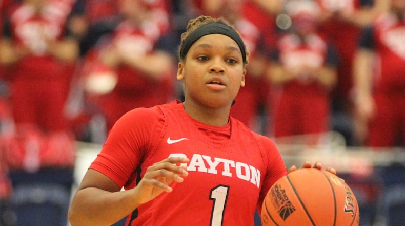 Dayton’s Araion Bradshaw dribbles against Virginia Commonwealth in the semifinals of the Atlantic 10 Conference tournament on Saturday, March 9, 2019, at the A.J. Palumbo Center in Pittsburgh. David Jablonski/Staff