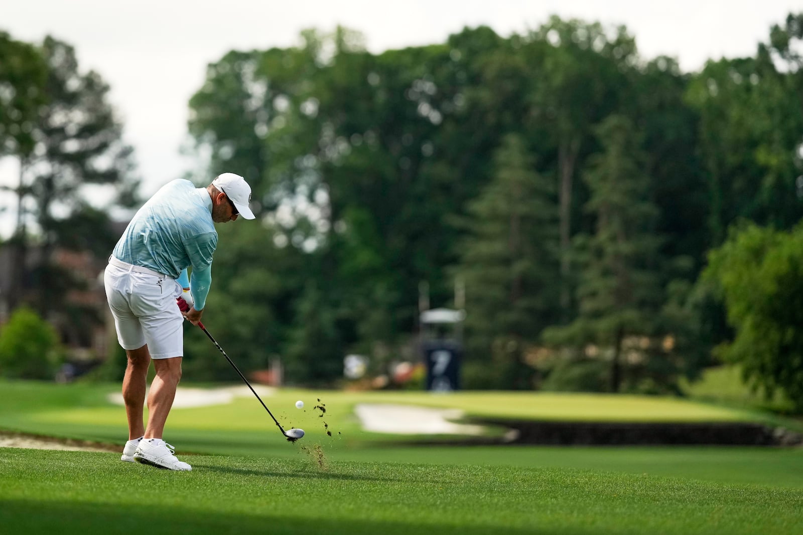 Sergio Garcia, of Spain, hits from the fairway on the seventh hole during a practice round for the PGA Championship golf tournament at the Quail Hollow Club, Tuesday, May 13, 2025, in Charlotte, N.C. (AP Photo/George Walker IV)