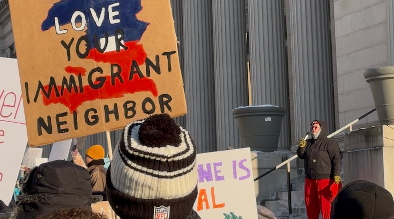 A rally outside Congressman Mike Turner's office on Jan. 30 during the national shutdown in protest of ICE saw more than 300 attendees. SYDNEY DAWES/STAFF