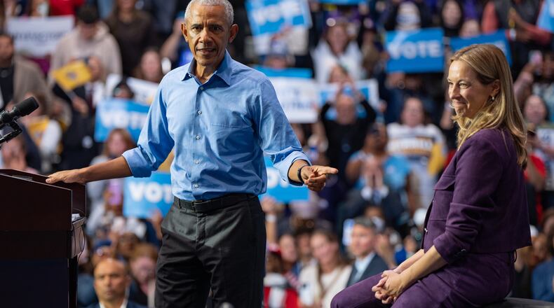 Former President Barack Obama endorses New Jersey Democratic gubernatorial candidate Mikie Sherrill at a campaign rally, Saturday, Nov. 1, 2025, in Newark, N.J. (AP Photo/Angelina Katsanis)