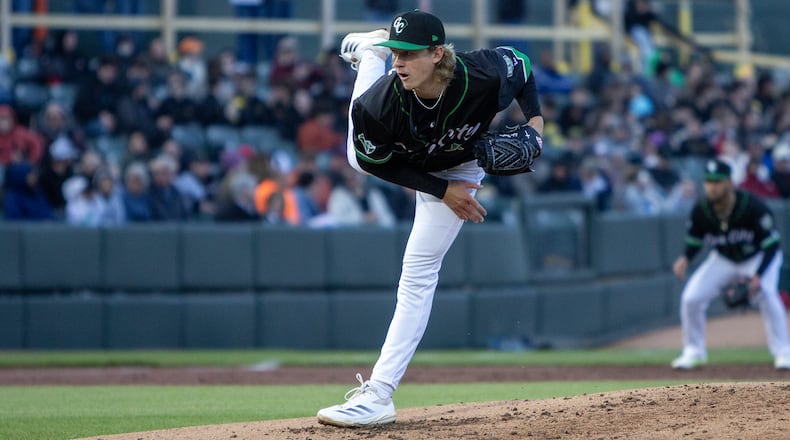 Dragons starter Luke Hayden delivers a pitch to the plate during their game against Fort Wayne earlier this season at Day Air Ballpark. JEFF GILBERT / CONTRIBUTED PHOTO