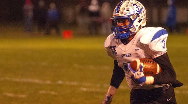 Xenia running back Kevin Johnson scored three first-half touchdowns to lead Xenia past Fairborn on Oct. 31, 2019, in Fairborn. Jeff Gilbert/CONTRIBUTED