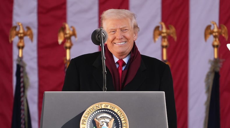President Donald Trump speaks during an event to mark Veterans Day at Arlington National Cemetery, Tuesday, Nov. 11, 2025, in Arlington, Va. (AP Photo/Evan Vucci)