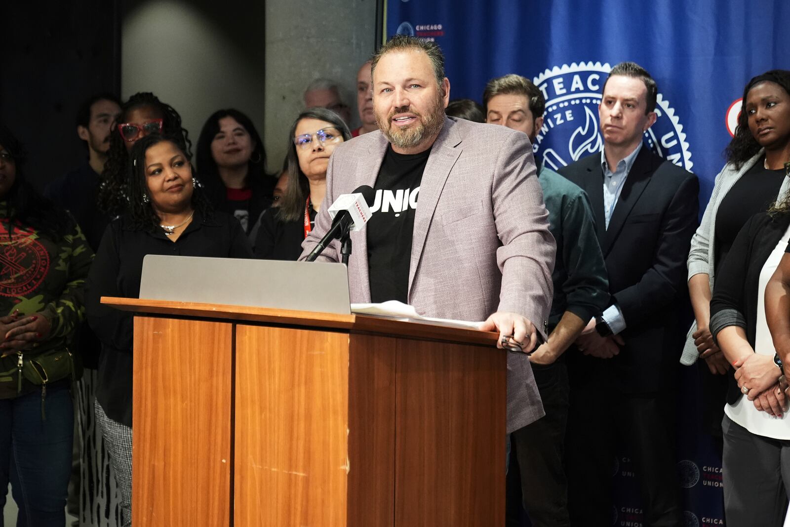 Bob Reiter, President of the Chicago Federation of Labor talks to media during news conference for Teachers Union to Announce Historic Contract Ratification Vote Results at CTU (Chicago Teachers Union) headquarters in Chicago, Monday, April 14, 2025. (AP Photo/Nam Y. Huh)
