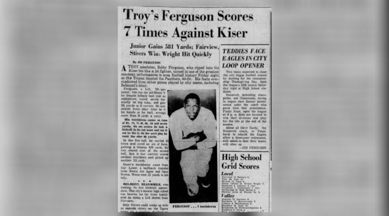 A Dayton Daily News story featuring an impressive game from Troy running back Bob Ferguson on Sept. 15, 1956.