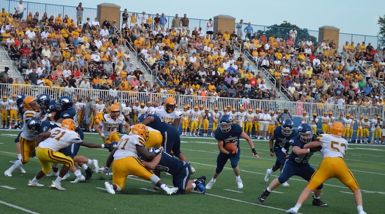 Fairmont's Drew Baker looks for room to run vs. Alter on Thursday, Aug. 19, 2021. Baker rushed for 147 yards in the Firebirds' 16-7 win. Eric Frantz/CONTRIBUTED