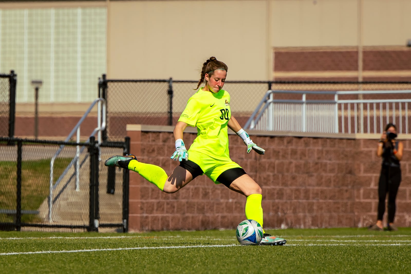 Wright State University freshman goalkeeper Leigha Lauer kicks the ball during their match on Sept. 11 at Central Michigan University. SYDNEY KLINE / WRIGHT STATE ATHLETICS