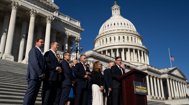 House Speaker Mike Johnson (R-La.) speaks at a news conference outside the Capitol in Washington, on Wednesday, Nov. 5, 2025. (Tierney L. Cross/The New York Times)