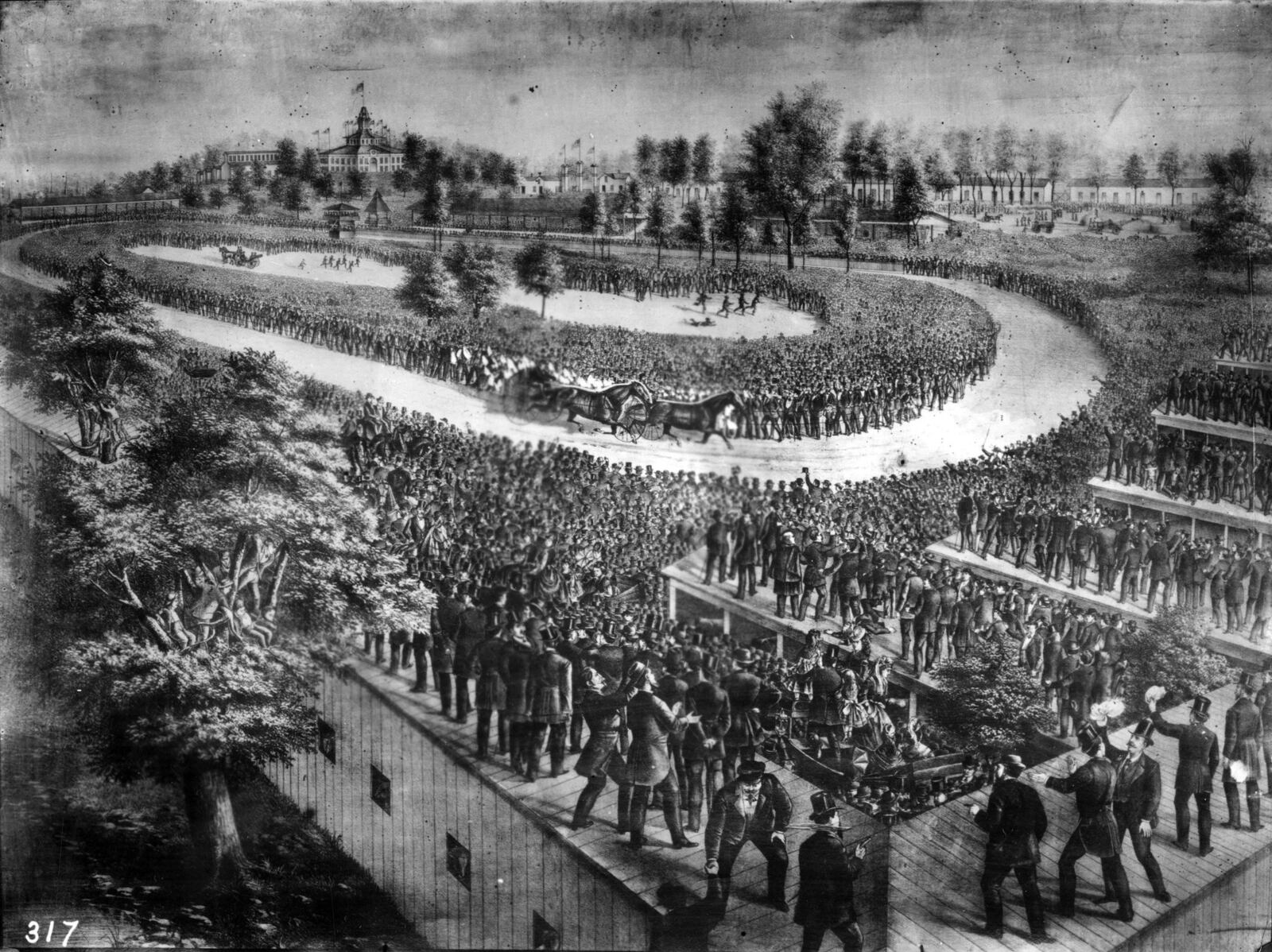 An appearance at the Montgomery County Fairgrounds in 1874 by the world’s fastest racehorse, “Goldsmith Maid,” is depicted in a sketch of the event. Fans, numbered at 75,000 crowded the track to see the hourse set a new world trotting horse record of 2.18 minutes for one mile. ARCHIVE