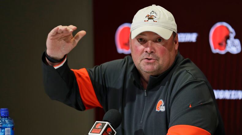 Cleveland Browns head coach Freddie Kitchens answers questions during a news conference at the NFL football team’s training camp facility, Wednesday, July 24, 2019, in Berea, Ohio. (AP Photo/Tony Dejak)