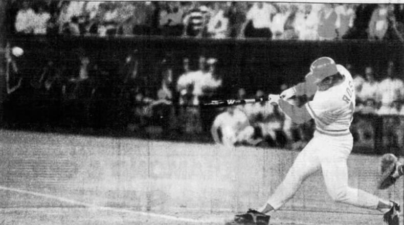 Pete Rose connects for his record-breaking 4,192nd hit on Sept. 11, 1985, at Riverfront Stadium in Cincinnati. Dayton Daily News photo by Bill Waugh