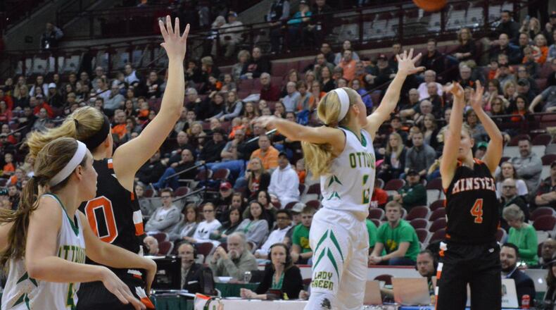Minster’s Ivy Wolf launches. Minster defeated Ottoville 63-48 to win the D-IV girls state basketball championship at OSU’s Schottenstein Center on Saturday, March 17, 2018. ERIC FRANTZ / CONTRIBUTOR