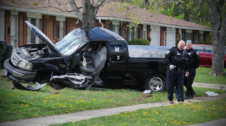 The driver of a pickup truck crashed into a tree on Silver Rock Avenue in Butler Twp. Friday, April 16, 2021. MARSHALL GORBY\STAFF