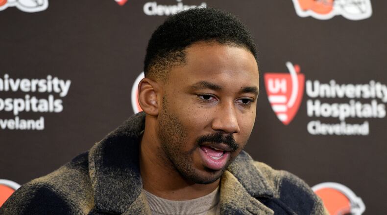 Cleveland Browns defensive end Myles Garrett meets with reporters following an NFL football game against the Pittsburgh Steelers in Pittsburgh, Sunday, Jan. 8, 2023. The Steelers won 28-14. (AP Photo/Don Wright)