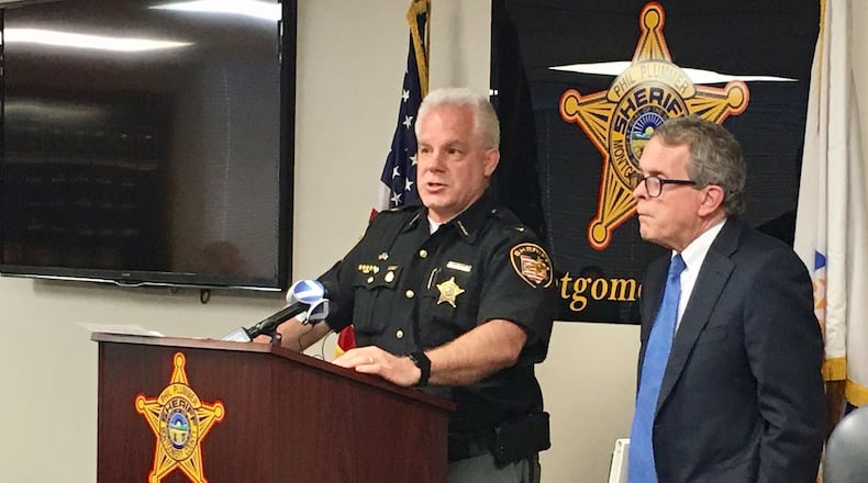 Montgomery County Sheriff Phil Plummer and Ohio Attorney General Mike DeWine discuss a major drug bust. CONTRIBUTED