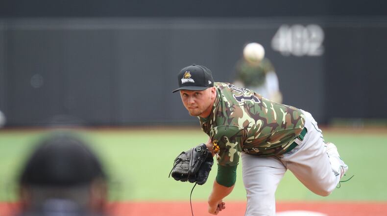 Wright State pitcher Robby Sexton delivers a pitch Saturday at the University of Louisville’s Jim Patterson Stadium.