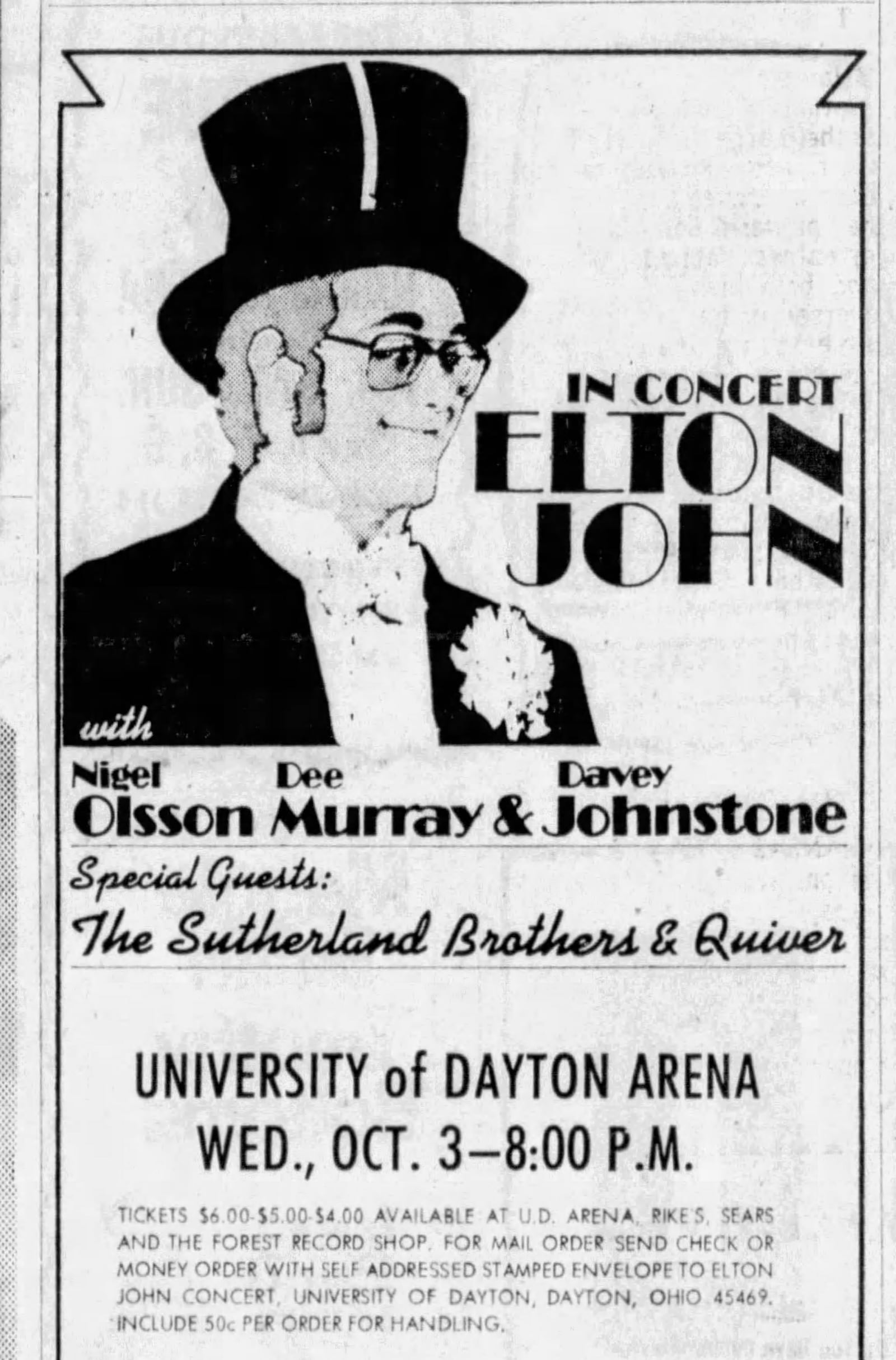 The price to see Elton John in concert would be pretty pricy these days, but if you were a fan back in 1973, you could see him at UD Arena where the most expensive ticket was $6. DAYTON DAILY NEWS ARCHIVES