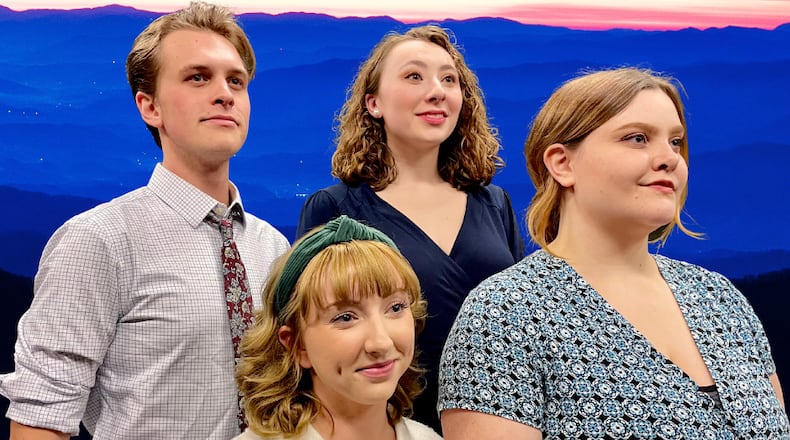 Left to right: Tanner Gleeson, Anna-Kate Kuszynski (seated), Hannah Rollins and Sam Evans in Wright State University's production of "Bright Star." CONTRIBUTED
