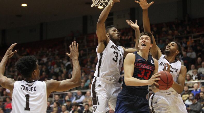 Dayton’s Ryan Mikesell shoots and is fouled against St. Bonaventure on Tuesday, Jan. 3, 2017, at the Reilly Center in Olean, N.Y. David Jablonski/Staff