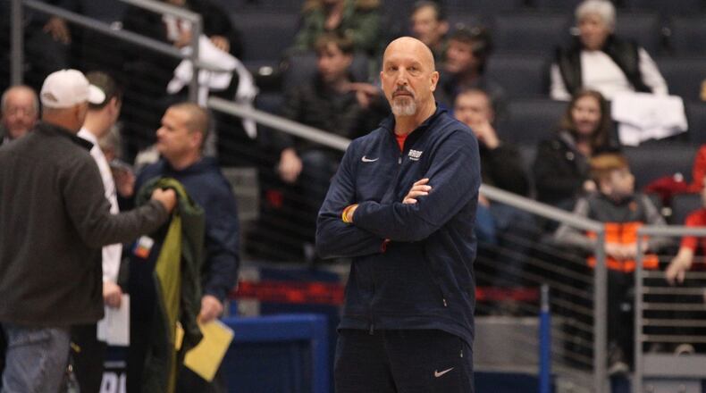 Ron Jirsa watches Radford practice at the First Four on Monday, March 12, 2018, at UD Arena.