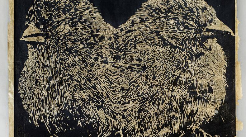 “Two Birds with One Stone” relief print by Emily Sullivan Smith of Kettering, won Best in Show at the 12th Annual Print Show at 48 High Street gallery. CONTRIBUTED