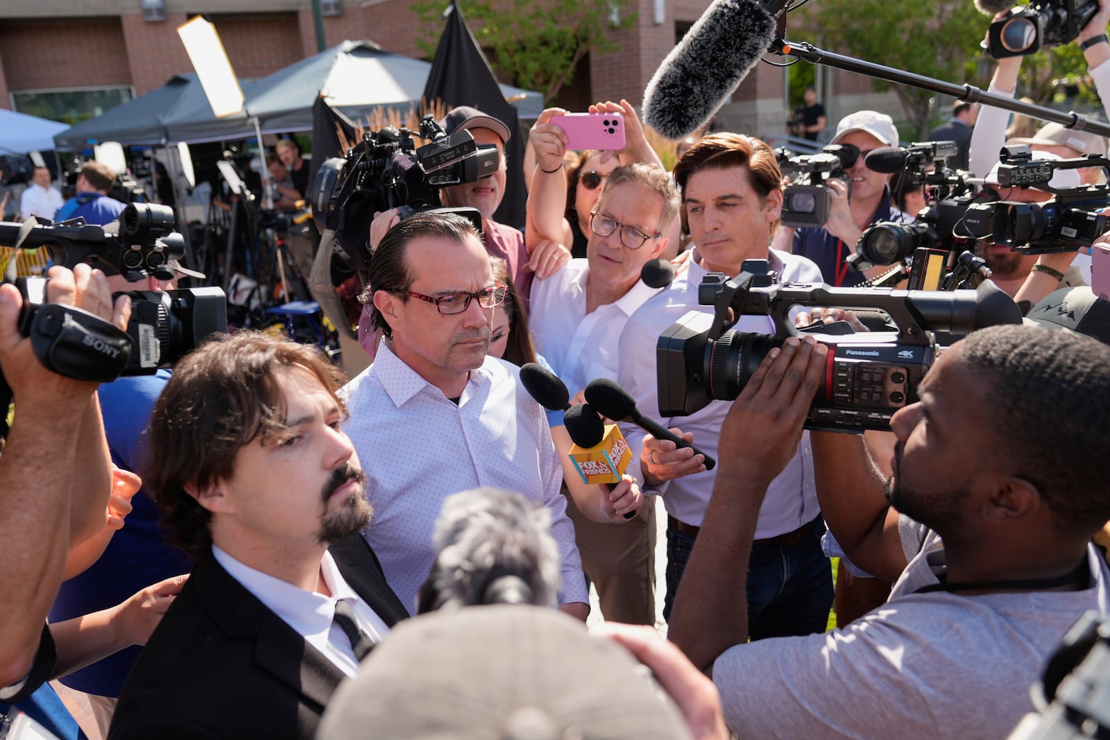 Father of Kaylee Goncalves, Steve Goncalves, speaks to members of the media outside the Ada County Courthouse before Bryan Kohberger's plea deal hearing on Wednesday, July 2, 2025, in Boise, Idaho. (AP Photo/Jenny Kane)