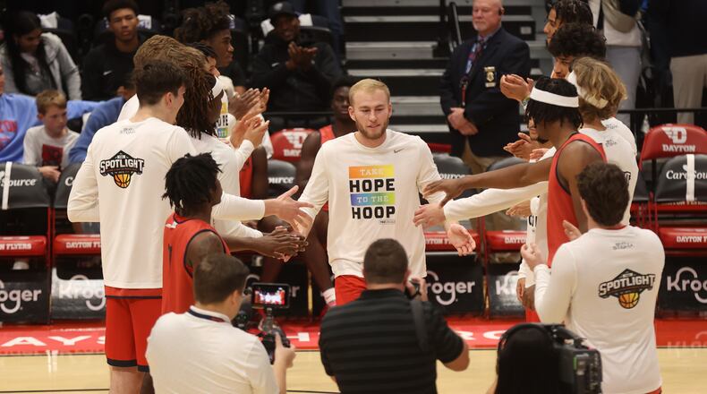 Dayton's C.J. Napier is introduced before an exhibition game against Ohio State on Sunday, Oct. 22, 2023, at UD Arena. David Jablonski/Staff