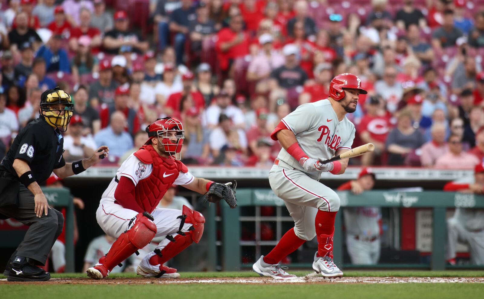 Kyle Schwarber, of the Phillies, grounds out against the Reds on Thursday, April 13, 2023, at Great American Ball Park in Cincinnati. David Jablonski/Staff