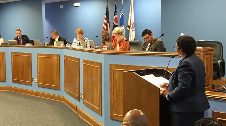 Clairie Huff-Franklin of the Ohio Department of Education speaks to the Dayton school board last fall about efforts to turn around the district’s performance. JEREMY P. KELLEY / STAFF