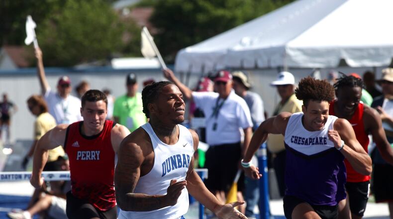 Dunbar's Dai'Vontay Young wins the 110-meter hurdles at the OHSAA Division II state track and field championships on Saturday, June 1, 2024, at Welcome Stadium in Dayton. David Jablonski/Staff
