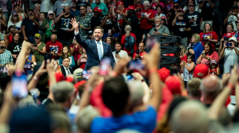 Sen. JD Vance (R-Ohio), Donald Trump’s vice-presidential running mate, arrives at a campaign rally at the Van Andel Arena in Grand Rapids, Mich., July 20, 2024. (Haiyun Jiang/The New York Times)